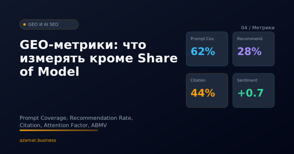 Дашборд метрик GEO: Prompt Coverage, Recommendation Rate, Citation, Sentiment